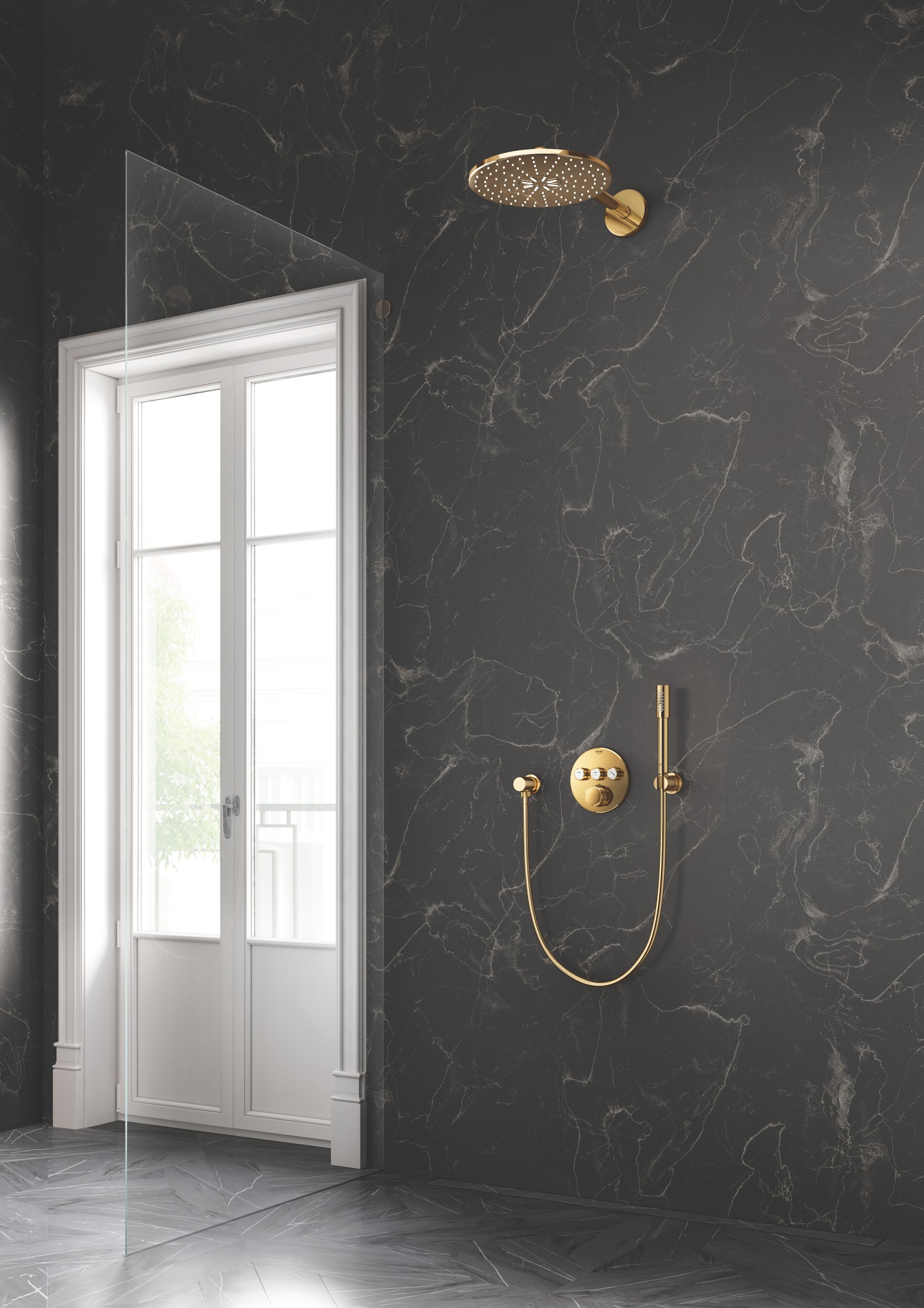 Suport para dus Grohe 27074GL0, 69 mm, 50 mm, universal, pe perete, metal, suport para dus incorporat, Auriu