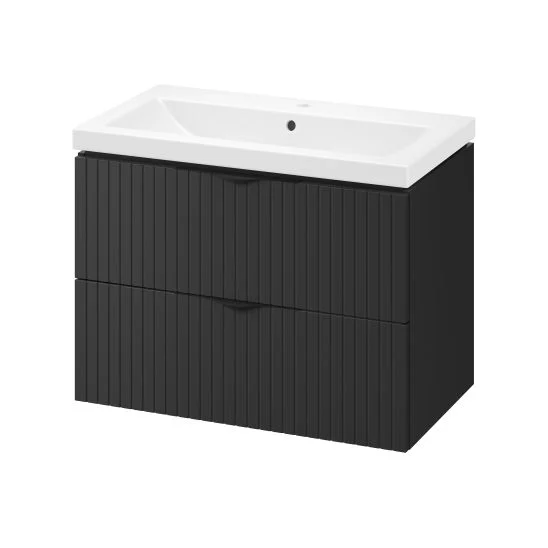 Baie - Set dulap baie negru mat, suspendat 2 sertare lavoar inclus, 80 cm, riflaje 3D, MDF, Tirso, Cersanit