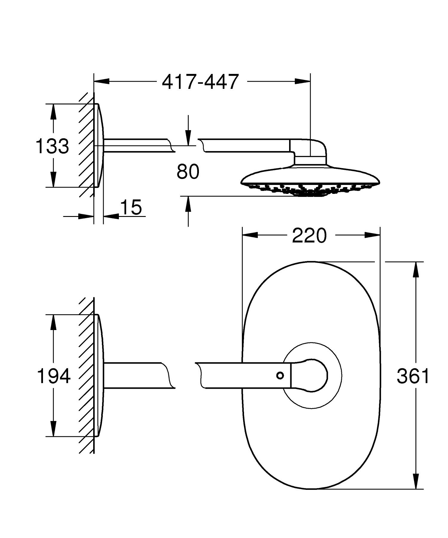 Dus fix Grohe 26254000, 360 mm, 1 bar, 220 mm, 361 mm, 447 mm, 2 pulverizari, 26264001 cod valva incastrata, Crom