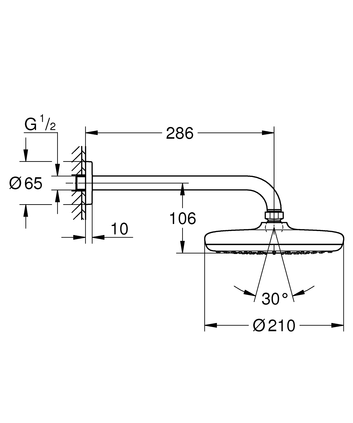 Palarie de dus Grohe 26412000, Dus fix Tempesta 210, montaj pe perete,
