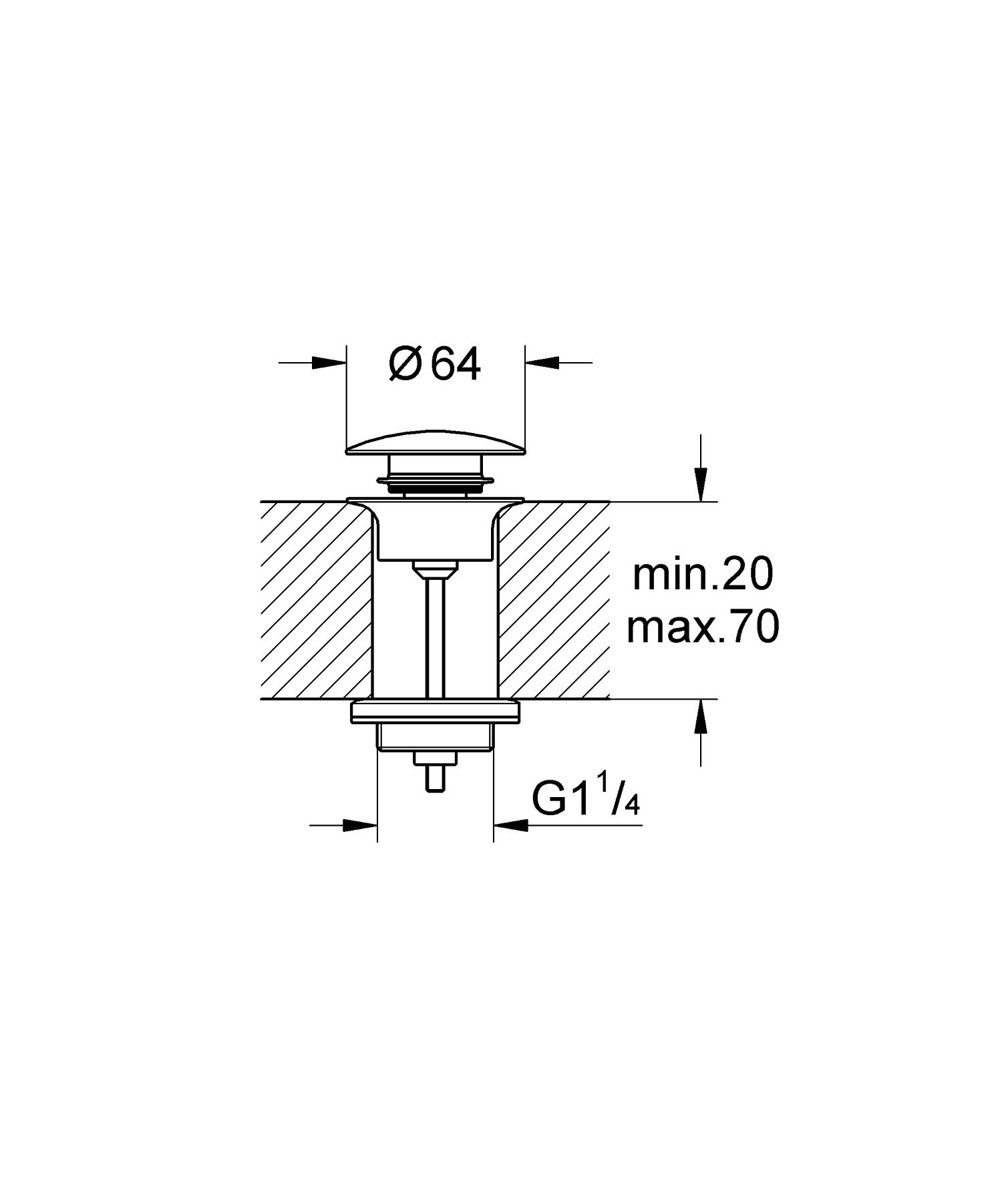 Evacuare push to open Grohe 65807000, 64 mm, 70 mm, 35 diametru, 1 1/4 diametru montaj, universal, Crom