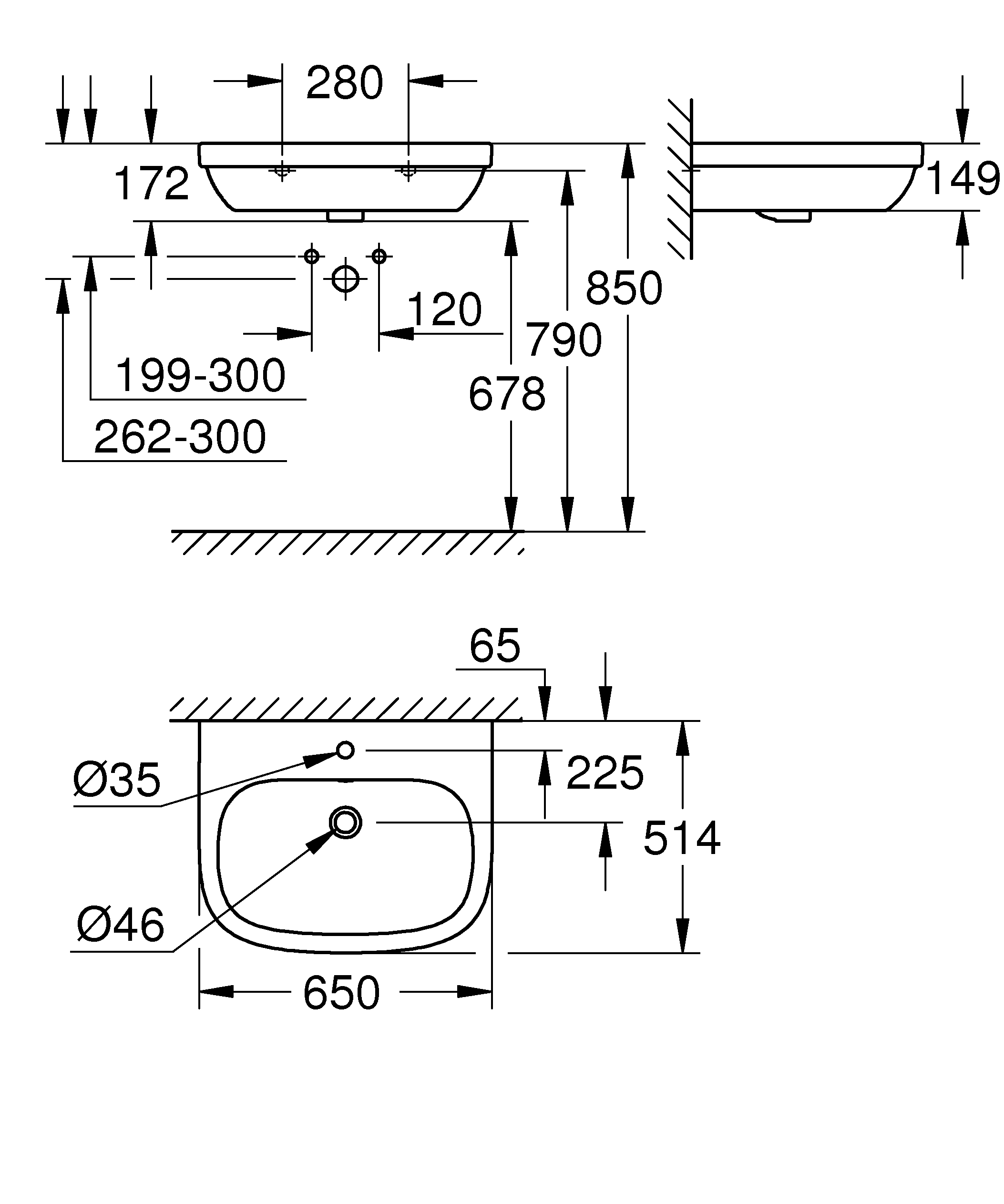 Lavoar Grohe 39323000, 150 mm, 515 mm, 35 mm, 650 mm, 1 cuve, 1 nr orificii baterie, pe perete, ceramica sanitara, Alb