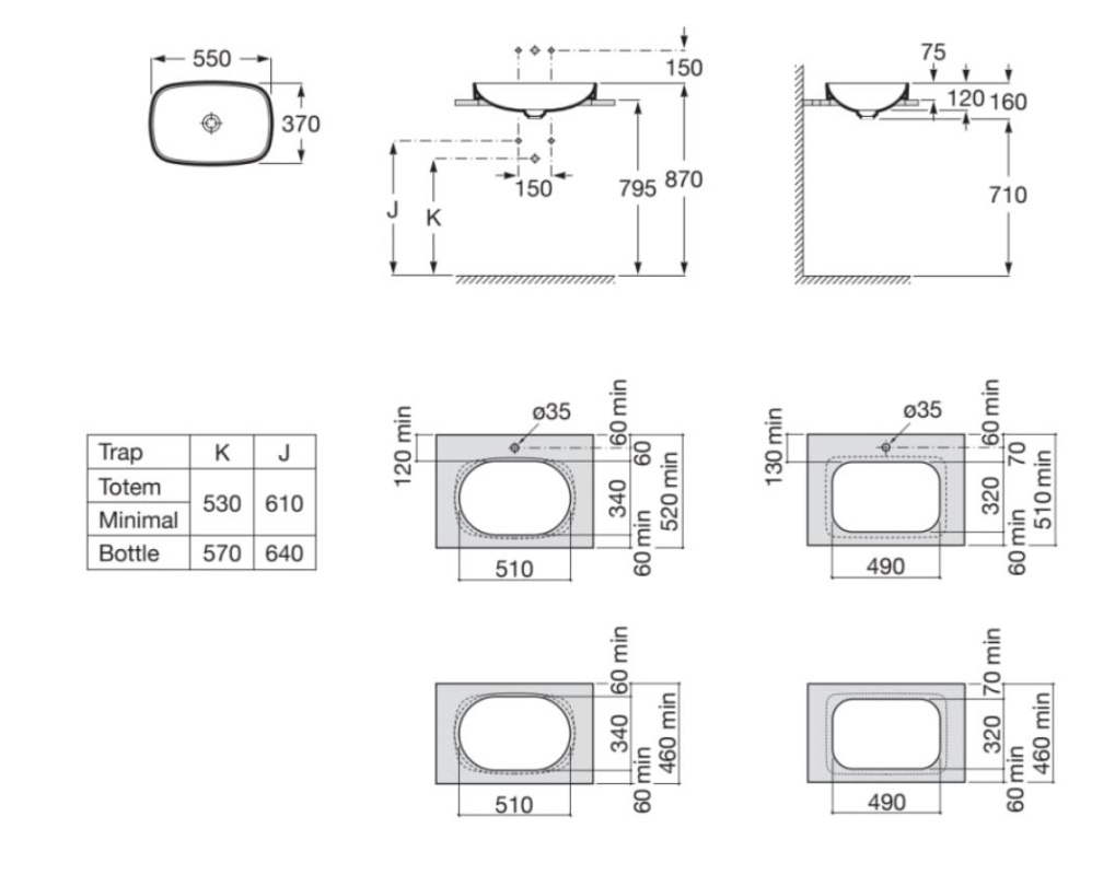 Lavoar Roca A327504640, 550 mm, 370 mm, 160 mm, 1 cuve, suprafata antiaderent, in blat, interior zona montaj, Antracit