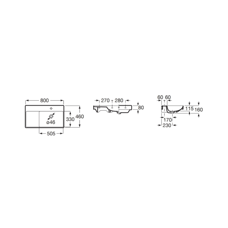Lavoar Roca A327688080, 800 mm, 460 mm, 160 mm, 1 cuve, 1 nr orificii baterie, pe perete, interior zona montaj, Negru