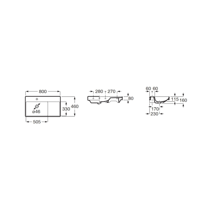 Lavoar Roca A327689080, 800 mm, 460 mm, 160 mm, 1 cuve, 1 nr orificii baterie, pe perete, interior zona montaj, Negru