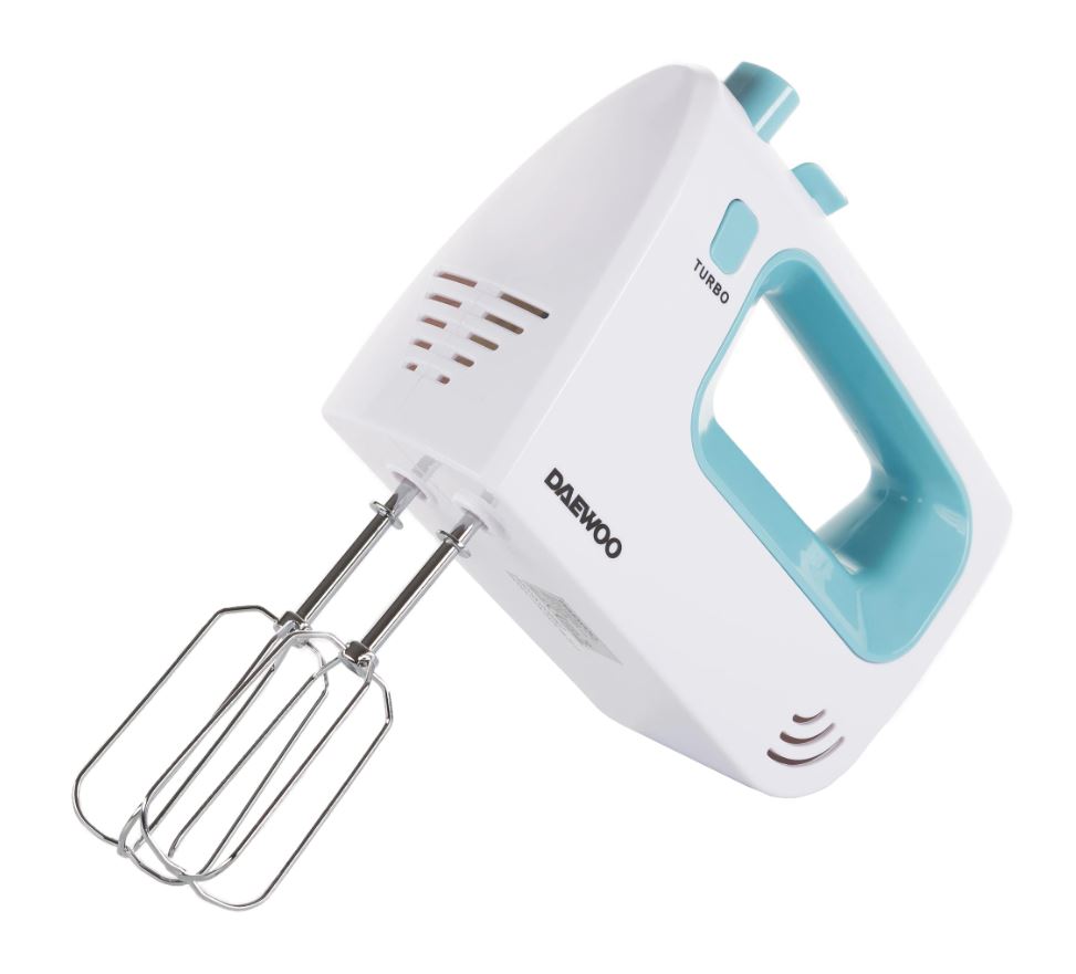 Mixer de mana Daewoo DHM122LB, 300 W, 0.8 kg, 5 viteze, 2 accesorii, 1 accesorii, functie turbo, Alb, Turcoaz