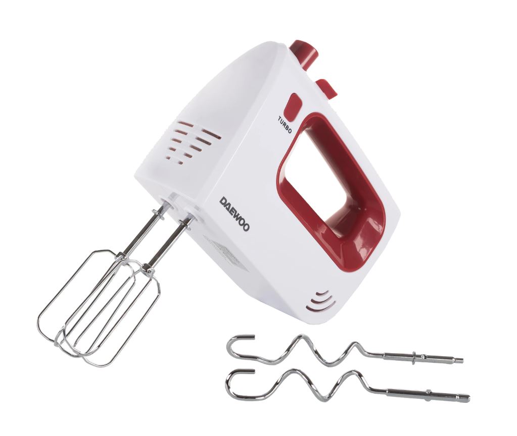 Mixer de mana Daewoo DHM122R, 300 W, 0.8 kg, 5 viteze, 2 accesorii, 1 accesorii, functie turbo, Alb, Rosu
