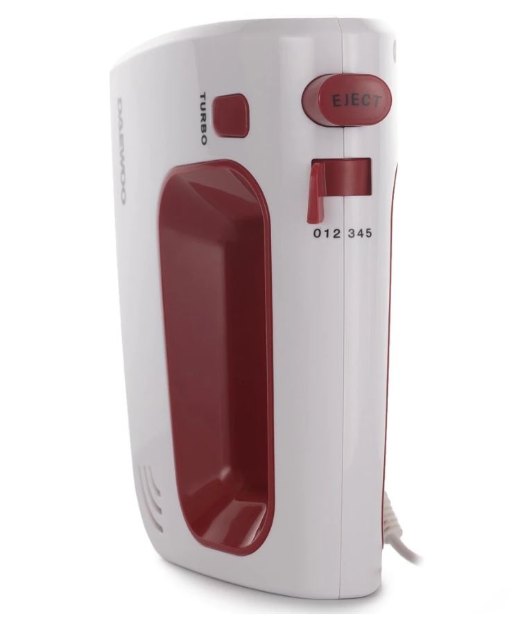 Mixer de mana Daewoo DHM122R, 300 W, 0.8 kg, 5 viteze, 2 accesorii, 1 accesorii, functie turbo, Alb, Rosu