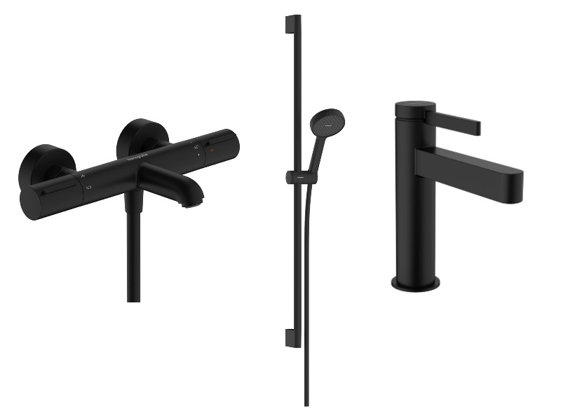 Hansgrohe Pachet 3in1 cada hansgrohe finoris, aparenta, termostat, baterie lavoar, set dus, mat, negru, 13347670-33st