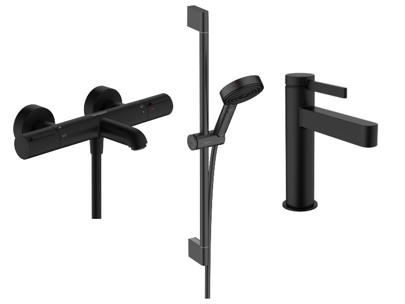 Hansgrohe Pachet 3in1 cada hansgrohe finoris, aparenta, termostat, baterie lavoar, set dus, mat, negru, 13347670-34st