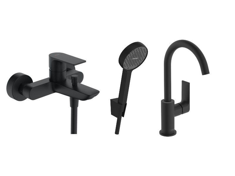 Hansgrohe Pachet 3in1 cada hansgrohe rebris e, aparent, baterie lavoar, set dus, mat, negru, 72450670-17st