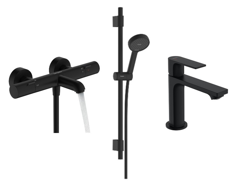 Hansgrohe Pachet 3in1 cada hansgrohe rebris e, aparenta, termostat, baterie lavoar, set dus, mat, negru, 13325670-37st