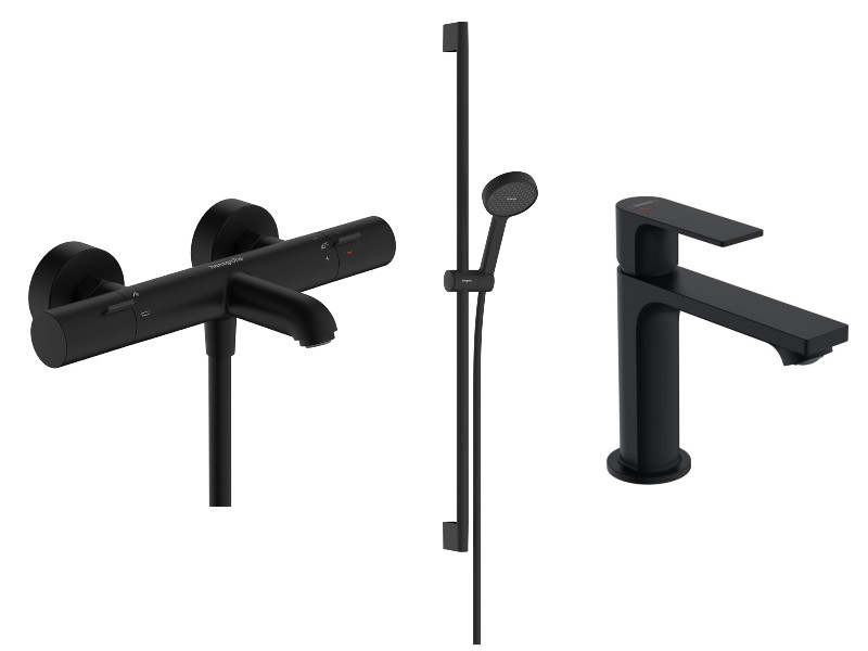 Hansgrohe Pachet 3in1 cada hansgrohe rebris e, aparenta, termostat, baterie lavoar, set dus, mat, negru, 13325670-39st