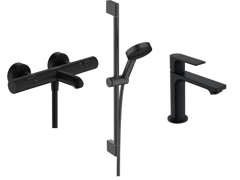 Hansgrohe Pachet 3in1 cada hansgrohe rebris e, aparenta, termostat, baterie lavoar, set dus, mat, negru, 13325670-40st