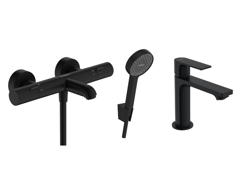 Hansgrohe Pachet 3in1 cada hansgrohe rebris e, aparenta, termostat, baterie lavoar, set dus, mat, negru, 13325670-41st