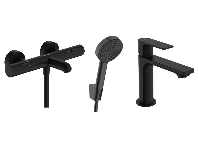 Hansgrohe Pachet 3in1 cada hansgrohe rebris e, aparenta, termostat, baterie lavoar, set dus, mat, negru, 13325670-42st