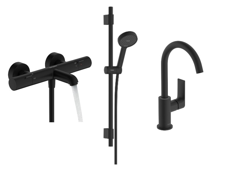 Hansgrohe Pachet 3in1 cada hansgrohe rebris e, aparenta, termostat, baterie lavoar, set dus, mat, negru, 13325670-49st