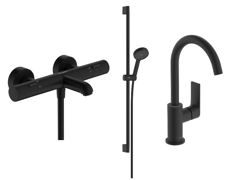 Hansgrohe Pachet 3in1 cada hansgrohe rebris e, aparenta, termostat, baterie lavoar, set dus, mat, negru, 13325670-51st
