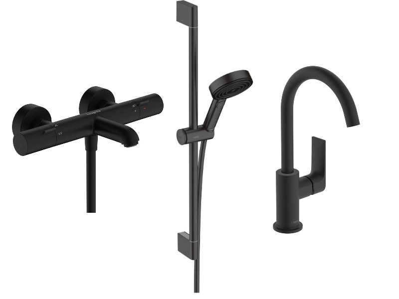 Hansgrohe Pachet 3in1 cada hansgrohe rebris e, aparenta, termostat, baterie lavoar, set dus, mat, negru, 13325670-52st