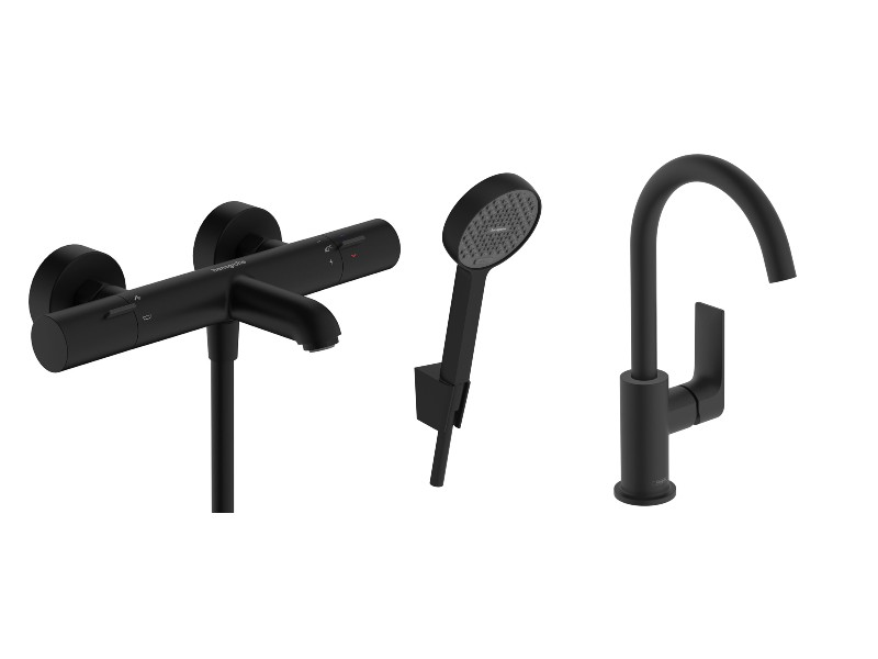 Hansgrohe Pachet 3in1 cada hansgrohe rebris e, aparenta, termostat, baterie lavoar, set dus, mat, negru, 13325670-53st