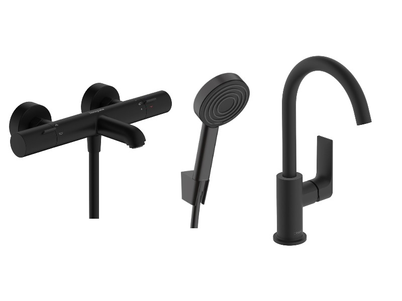 Hansgrohe Pachet 3in1 cada hansgrohe rebris e, aparenta, termostat, baterie lavoar, set dus, mat, negru, 13325670-54st