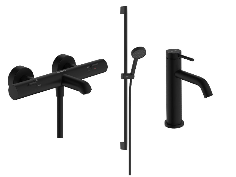 Hansgrohe Pachet 3in1 cada hansgrohe tecturis s, aparenta, termostat, baterie lavoar, set dus, mat, negru, 13325670-75st