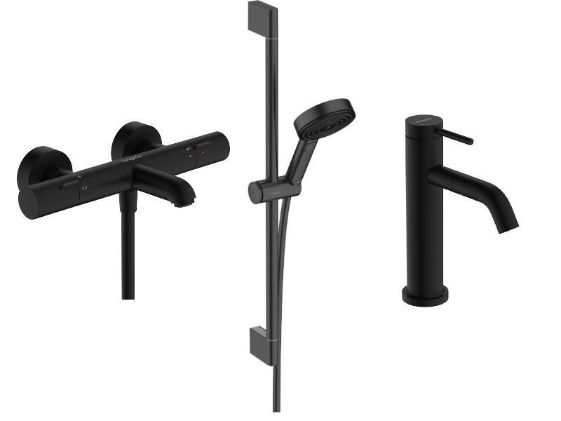 Hansgrohe Pachet 3in1 cada hansgrohe tecturis s, aparenta, termostat, baterie lavoar, set dus, mat, negru, 13325670-76st