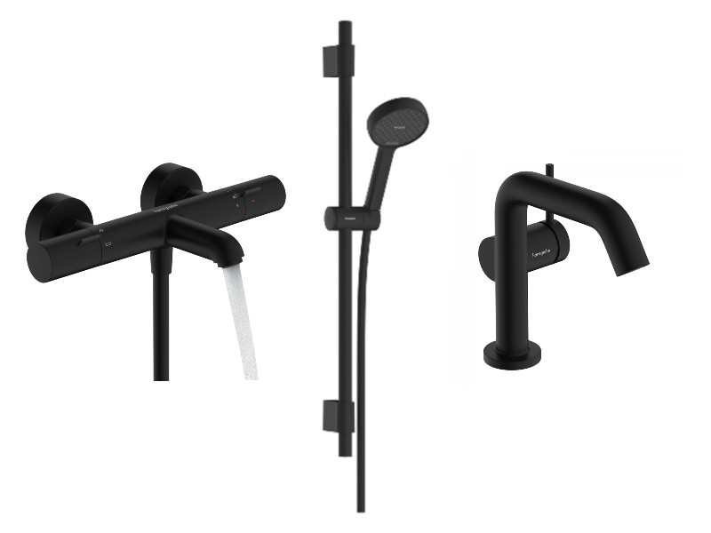 Hansgrohe Pachet 3in1 cada hansgrohe tecturis s, aparenta, termostat, baterie lavoar, set dus, mat, negru, 13325670-79st