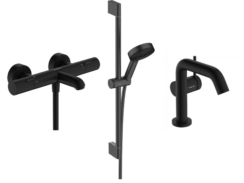 Hansgrohe Pachet 3in1 cada hansgrohe tecturis s, aparenta, termostat, baterie lavoar, set dus, mat, negru, 13325670-82st