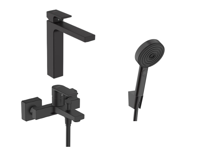 Hansgrohe Pachet 3in1 cada hansgrohe vernis shape 71450670, 1/2'', aparent, baterie lavoar, marimea xl, set dus, mat, negru