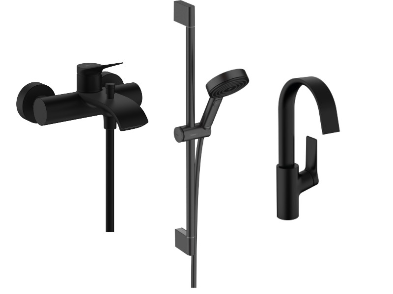 Hansgrohe Pachet 3in1 cada hansgrohe vivenis, aparent, baterie lavoar, set dus, mat, negru, 75423670-16st