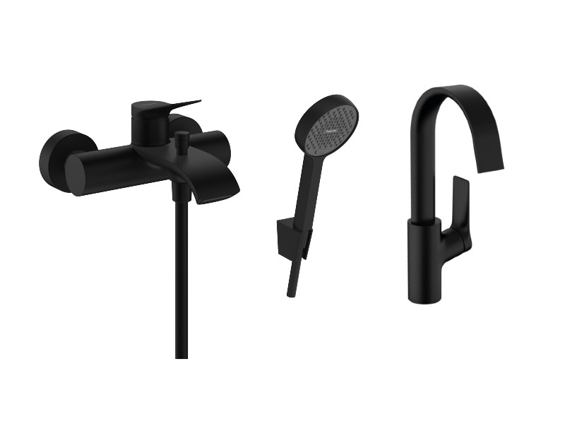 Hansgrohe Pachet 3in1 cada hansgrohe vivenis, aparent, baterie lavoar, set dus, mat, negru, 75423670-17st