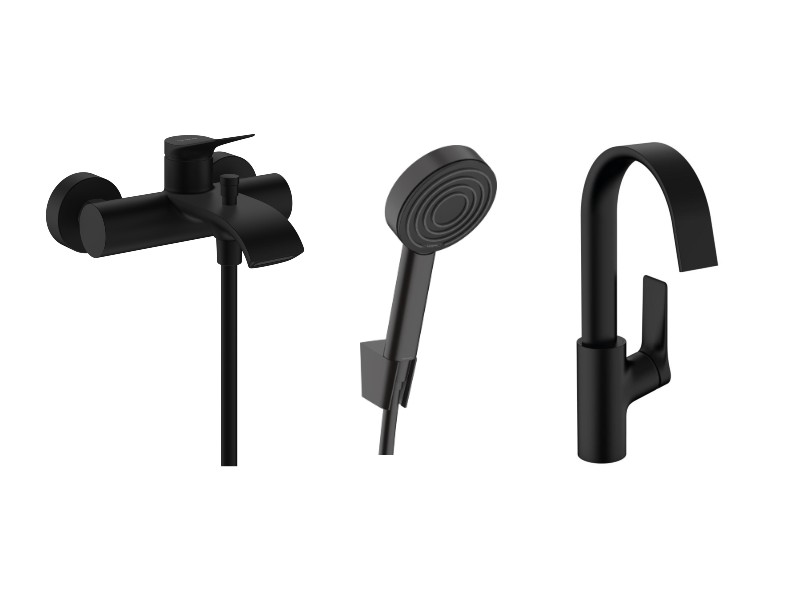 Hansgrohe Pachet 3in1 cada hansgrohe vivenis, aparent, baterie lavoar, set dus, mat, negru, 75423670-18st