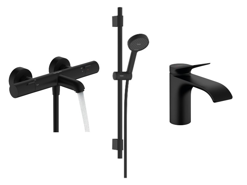 Hansgrohe Pachet 3in1 cada hansgrohe vivenis, aparenta, termostat, baterie lavoar, set dus, mat, negru, 13325670-55st