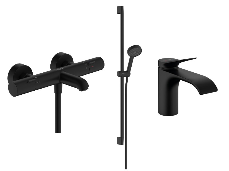 Hansgrohe Pachet 3in1 cada hansgrohe vivenis, aparenta, termostat, baterie lavoar, set dus, mat, negru, 13325670-57st