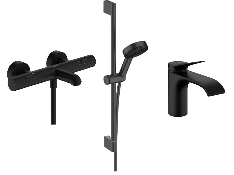 Hansgrohe Pachet 3in1 cada hansgrohe vivenis, aparenta, termostat, baterie lavoar, set dus, mat, negru, 13325670-58st
