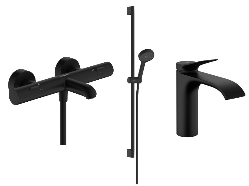 Hansgrohe Pachet 3in1 cada hansgrohe vivenis, aparenta, termostat, baterie lavoar, set dus, mat, negru, 13325670-63st