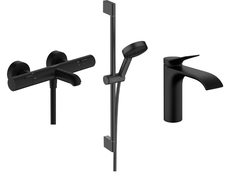 Hansgrohe Pachet 3in1 cada hansgrohe vivenis, aparenta, termostat, baterie lavoar, set dus, mat, negru, 13325670-64st