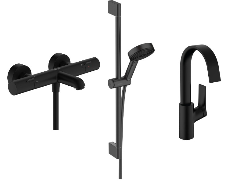 Hansgrohe Pachet 3in1 cada hansgrohe vivenis, aparenta, termostat, baterie lavoar, set dus, mat, negru, 13325670-70st