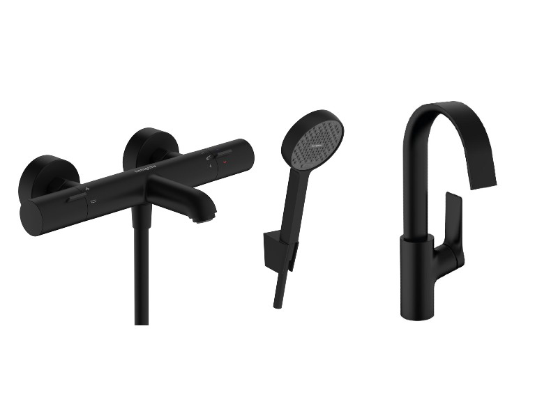 Hansgrohe Pachet 3in1 cada hansgrohe vivenis, aparenta, termostat, baterie lavoar, set dus, mat, negru, 13325670-71st