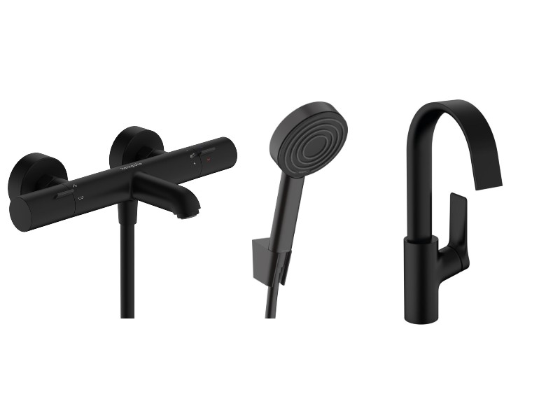 Hansgrohe Pachet 3in1 cada hansgrohe vivenis, aparenta, termostat, baterie lavoar, set dus, mat, negru, 13325670-72st