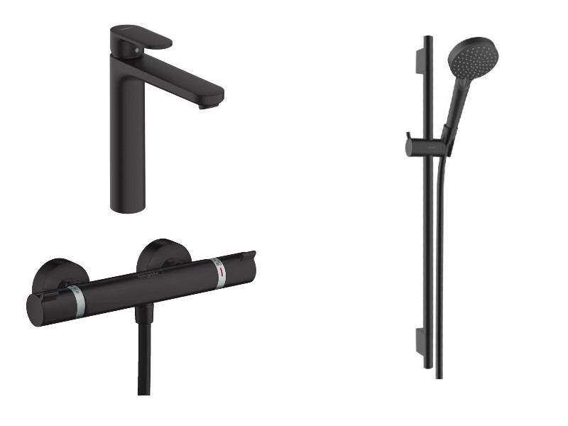 Hansgrohe Pachet 3in1 dus hansgrohe ecostat 13116670, 1/2'', termostat, baterie lavoar, marimea xl, coloana dus, mat, negru