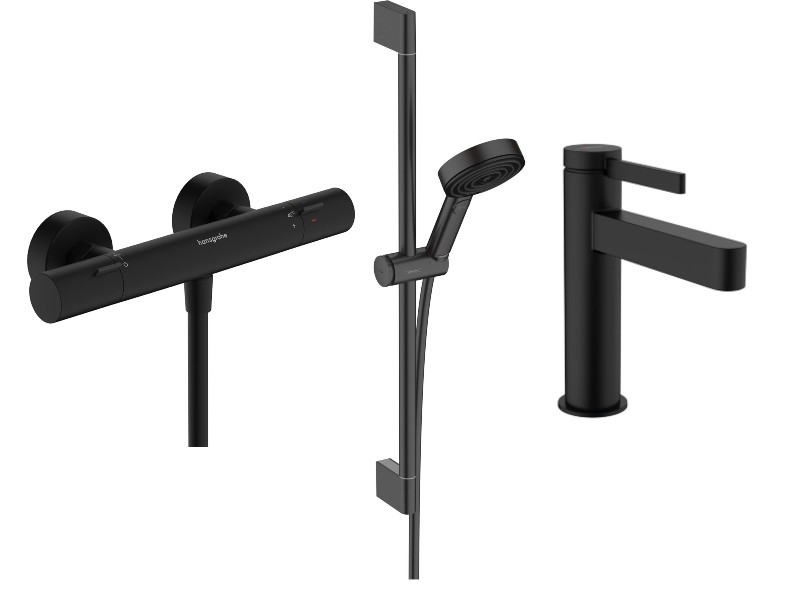 Hansgrohe Pachet 3in1 dus hansgrohe finoris, aparenta, termostat, baterie lavoar, set dus, mat, negru, 13324670-99st