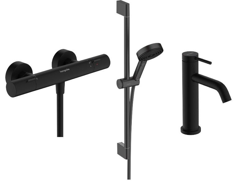 Hansgrohe Pachet 3in1 dus hansgrohe tecturis s, aparenta, termostat, baterie lavoar, set dus, mat, negru, 13324670-80st