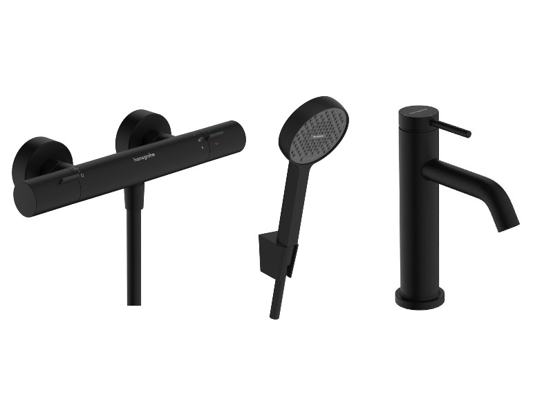 Hansgrohe Pachet 3in1 dus hansgrohe tecturis s, aparenta, termostat, baterie lavoar, set dus, mat, negru, 13324670-82st