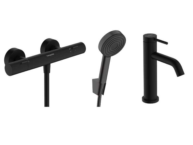 Hansgrohe Pachet 3in1 dus hansgrohe tecturis s, aparenta, termostat, baterie lavoar, set dus, mat, negru, 13324670-83st