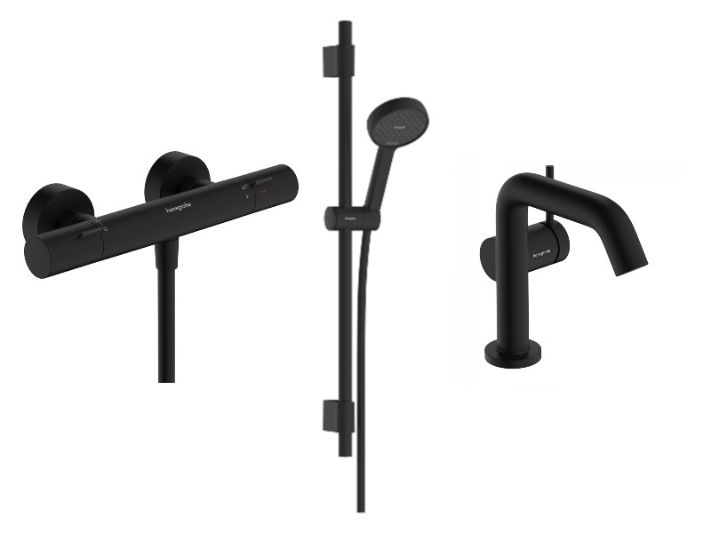 Hansgrohe Pachet 3in1 dus hansgrohe tecturis s, aparenta, termostat, baterie lavoar, set dus, mat, negru, 13324670-84st