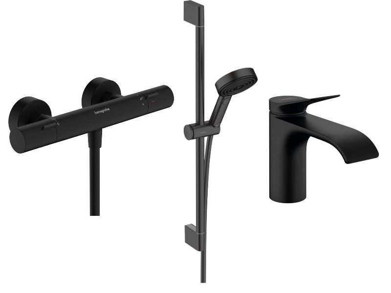 Hansgrohe Pachet 3in1 dus hansgrohe vivenis, aparenta, termostat, baterie lavoar, set dus, mat, negru, 13324670-58st