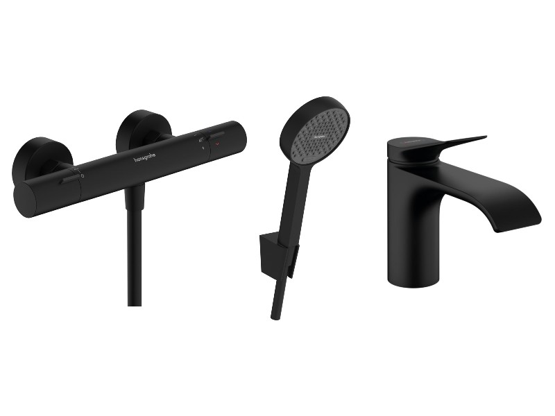 Hansgrohe Pachet 3in1 dus hansgrohe vivenis, aparenta, termostat, baterie lavoar, set dus, mat, negru, 13324670-59st