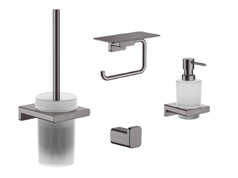 Hansgrohe Pachet 4in1 accesorii baie hansgrohe addstoris, pe perete, perie, suport, dozator, mat, antracit, 41752340-11st